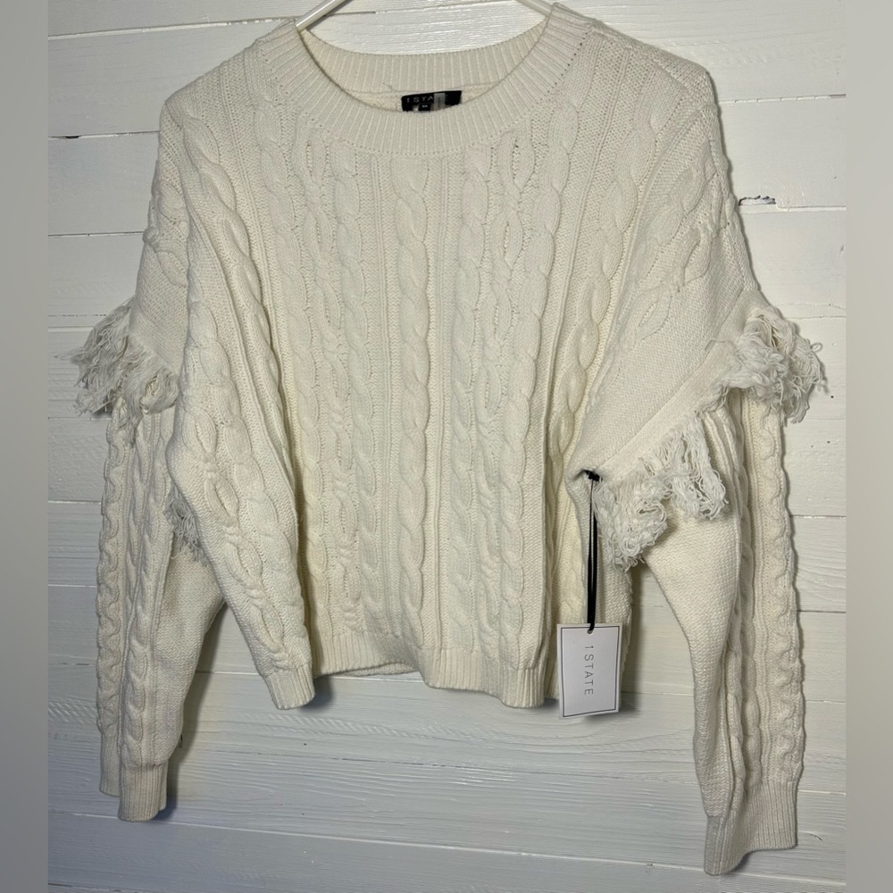 1.State Women’s XL ivory cable knit sweater, long sleeve, fringe, cropped. - Picture 3 of 8